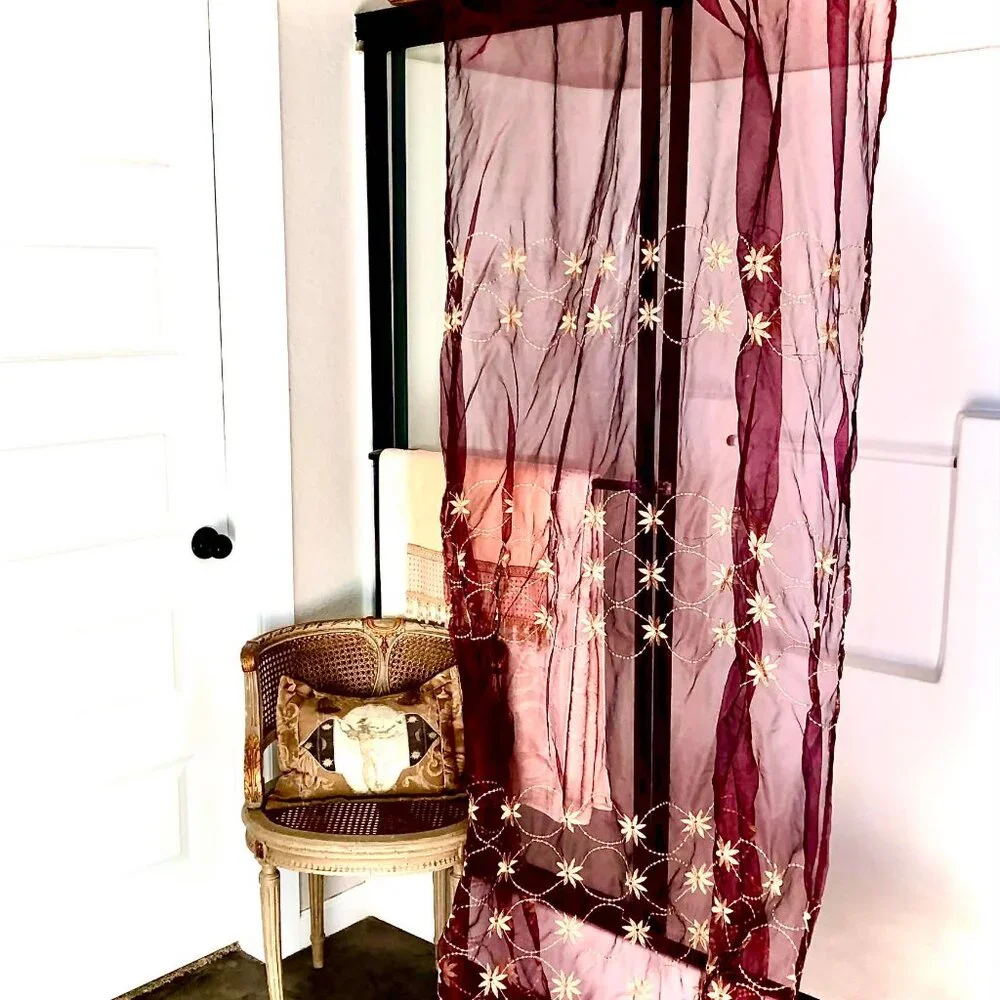 NWT ALEXANDRA'S ACCENTS Boho Embroidered Sheers Drapery Panels Burg\Gold 84x58
